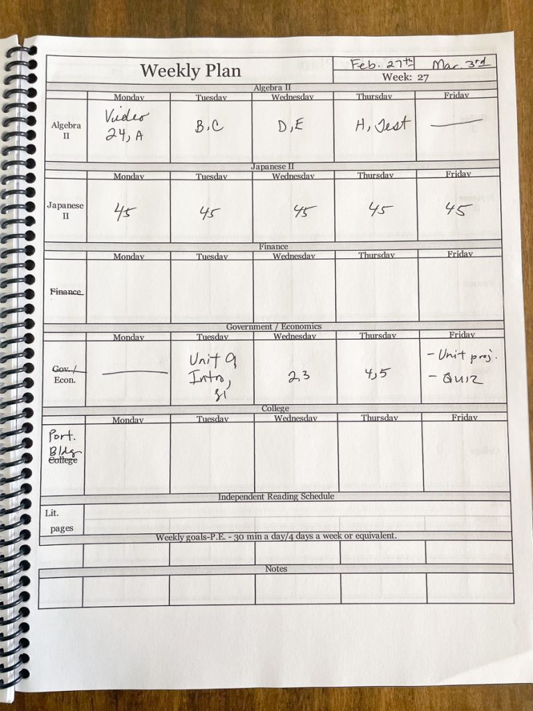 weekly calendar for school work partially filled out