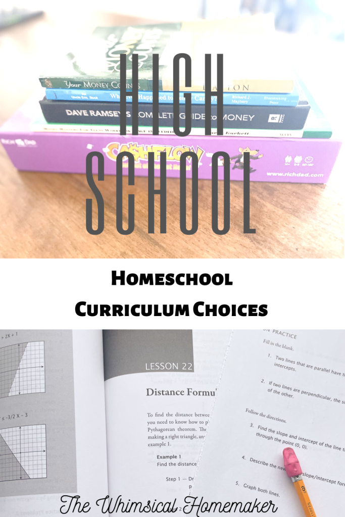 High School Homeschool Curriculum and books stacked on top of image and a math book opened with a pencil on bottom. 