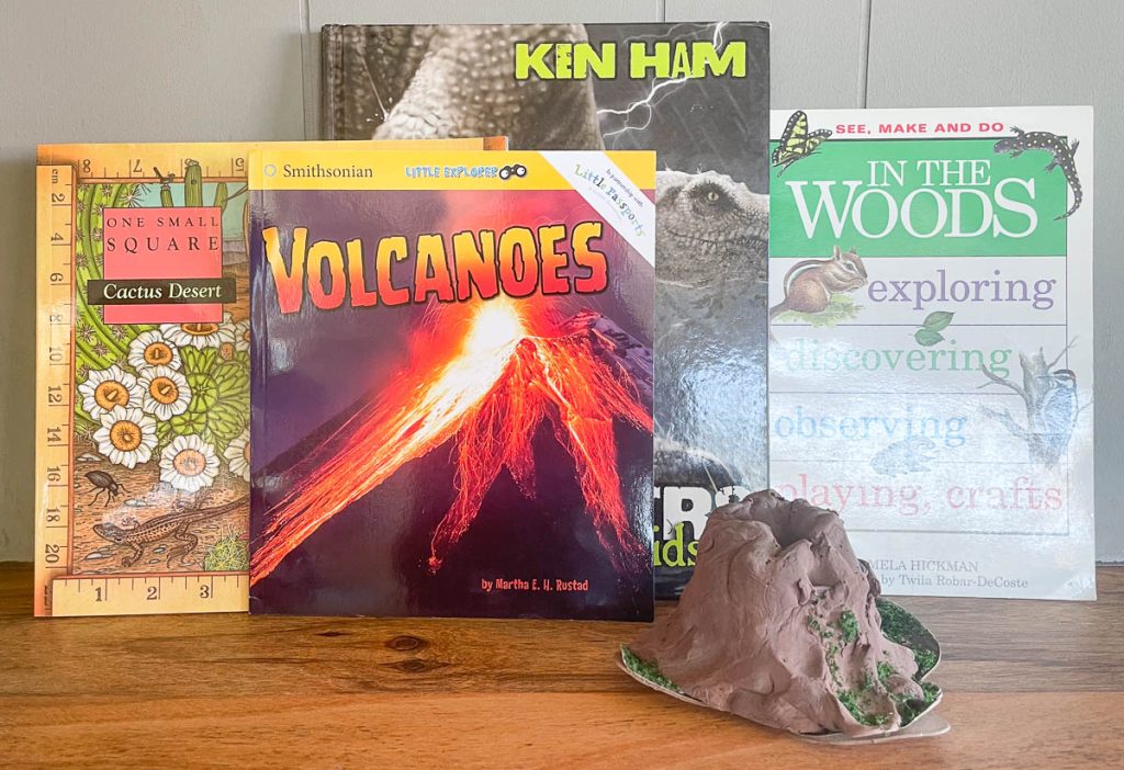 Science books for kids and a volcano 