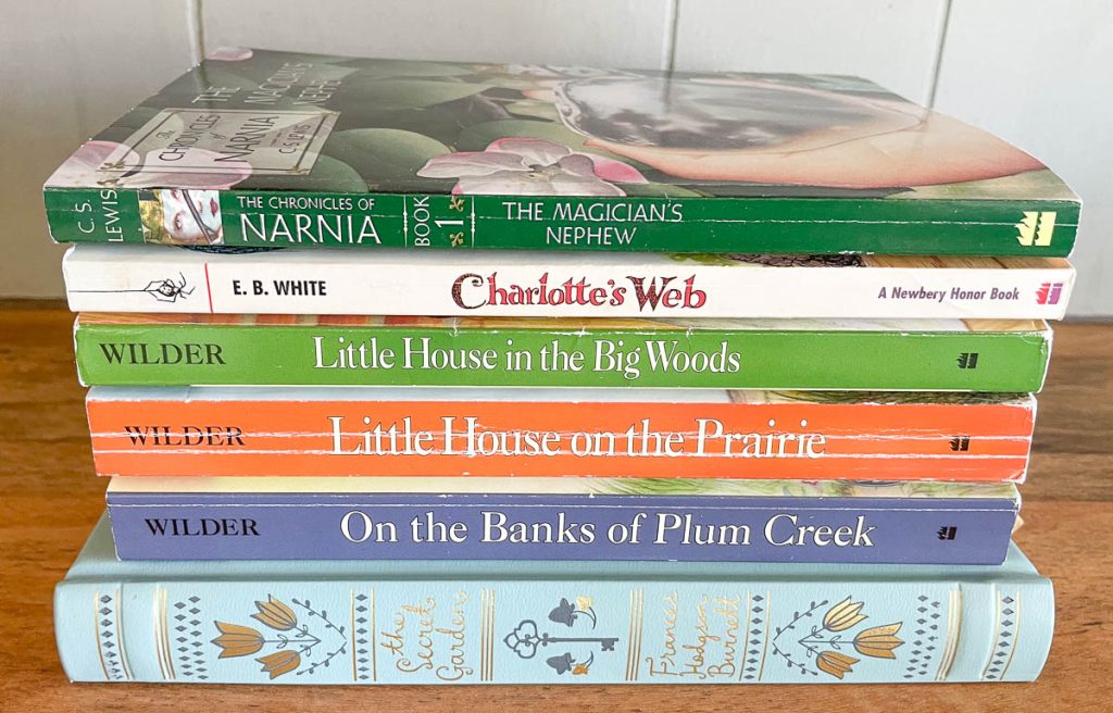 A stack of read-a-loud books for a young child.