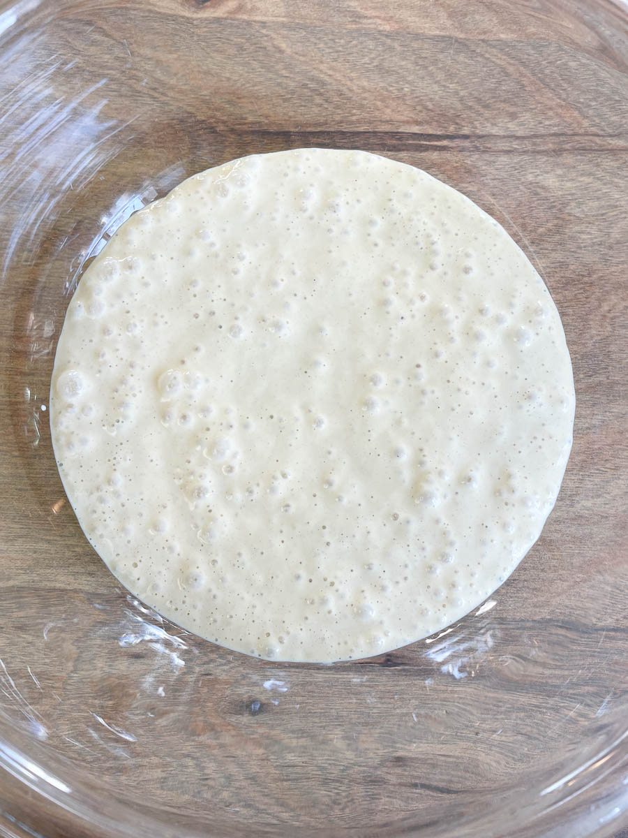 A glass bowl fo sourdough starter bubbling in bowl