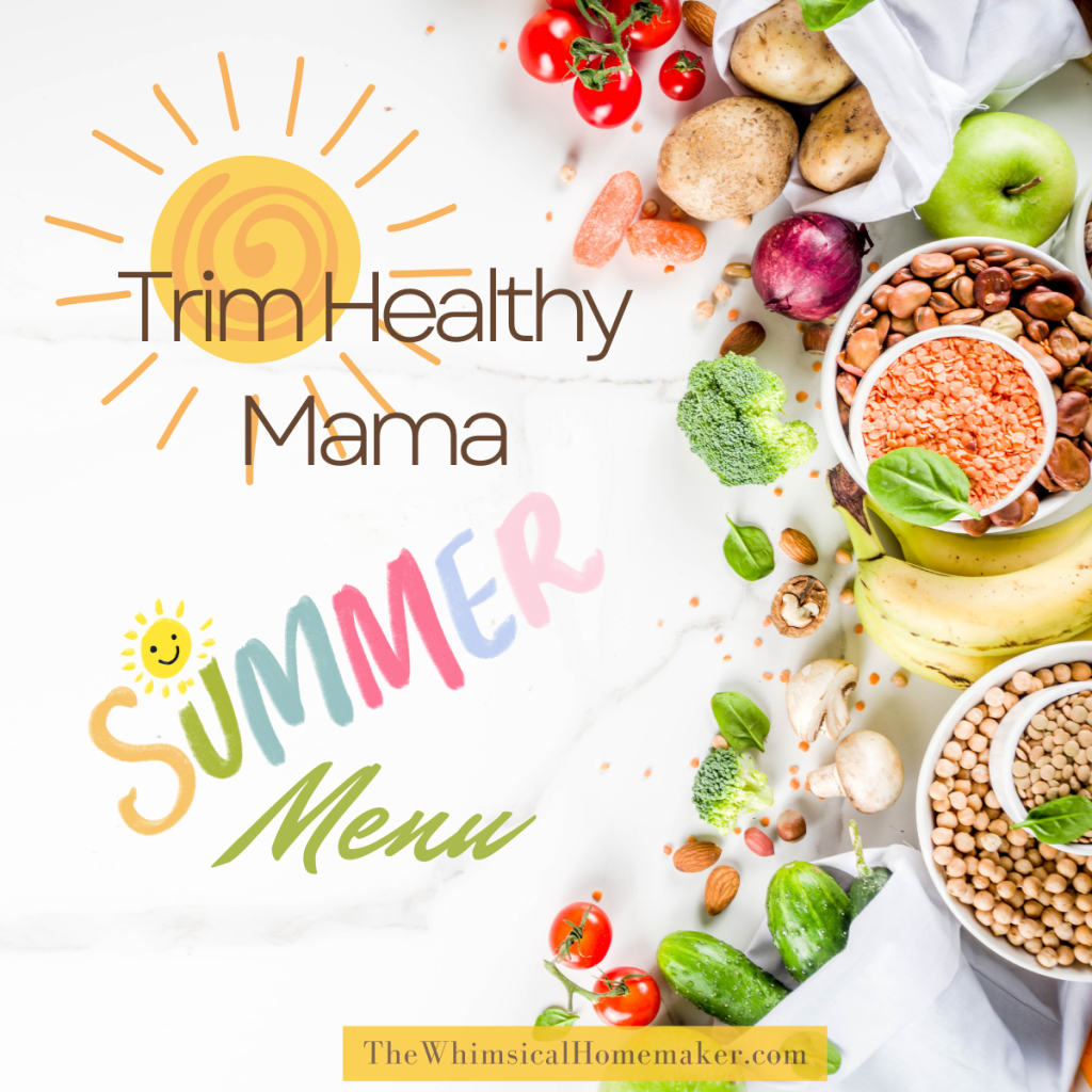 A white background with fruits and vegetables on it along with a graphic sun and words that say Trim Healthy Mama Summer Menu in colorful letters