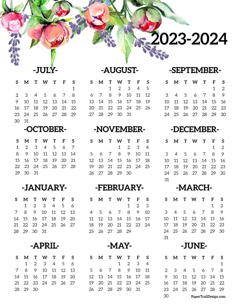 A year at a glance calendar for 2023-2024 with a beautiful floral design on the top.