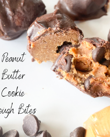 Peanut Butter cookie dough bites with chocolate chips and peanut butter on a white surface.
