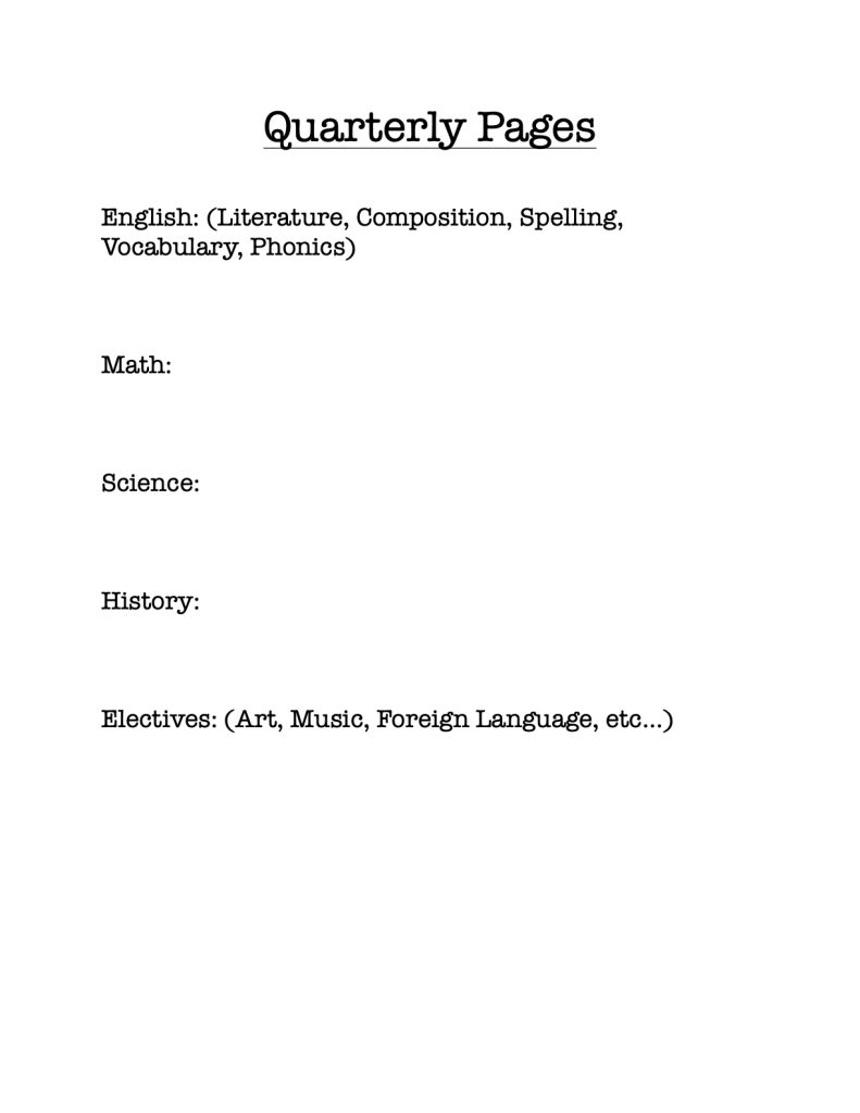 A page with different subject headings listed to write what you you are planning quarterly.