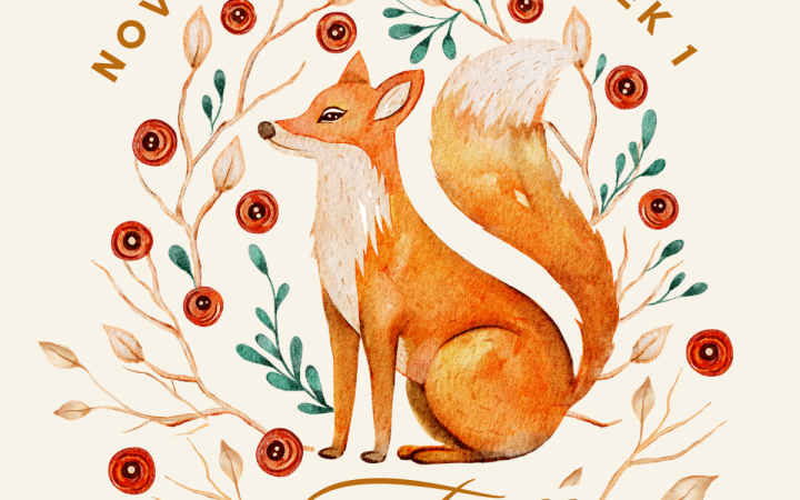 A fox is centered in the pictures surrounded by branches and flowers. Colors are fall-themed, red, green, orange, brown.