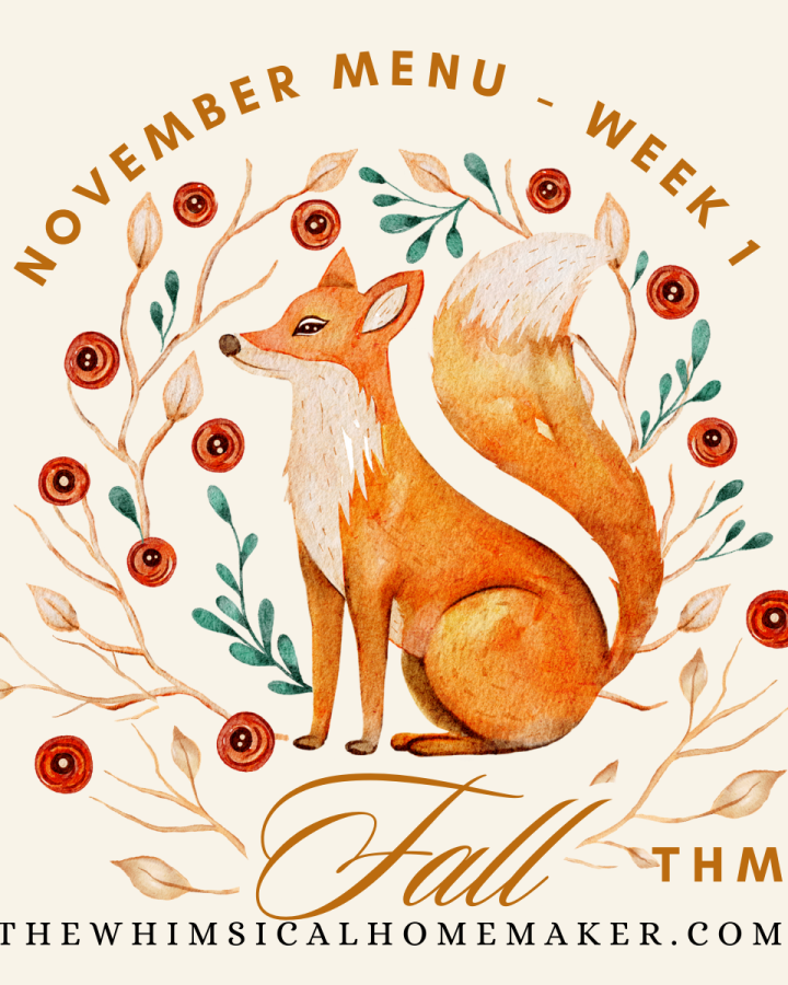 A fox is centered in the pictures surrounded by branches and flowers. Colors are fall-themed, red, green, orange, brown.